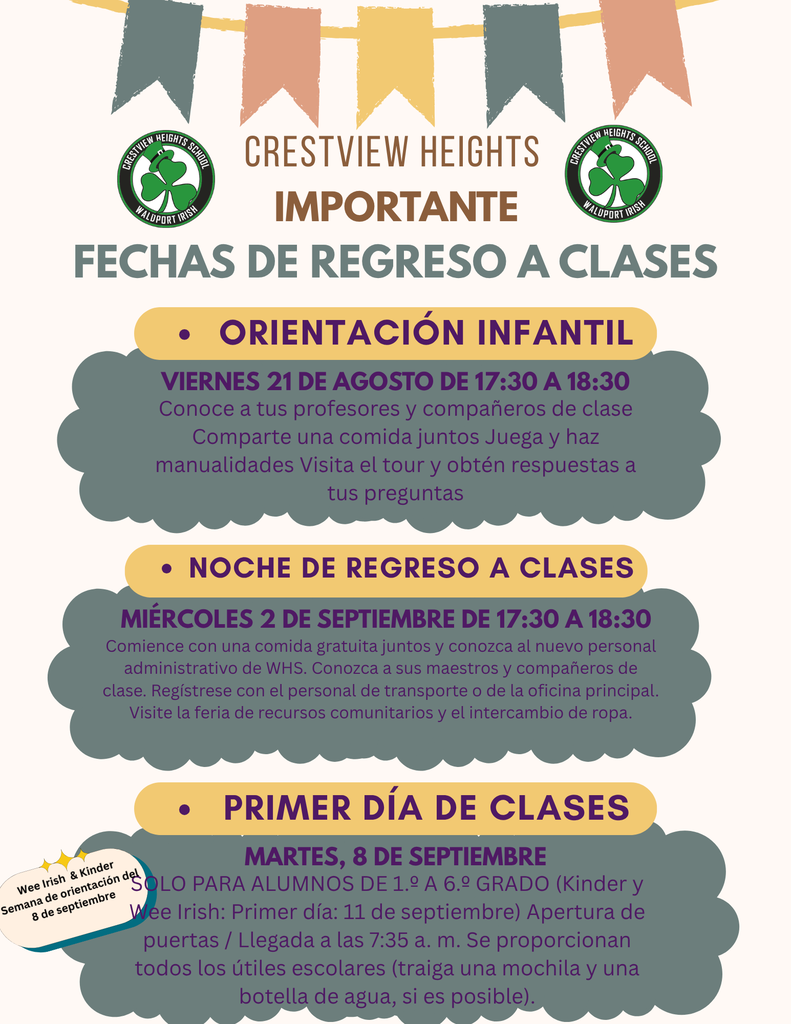 Kinder Orientation on August 21st at 5:30P; Back to School Night on September 2nd at 5:30P; First Day of School on September 8th at 7:35A.