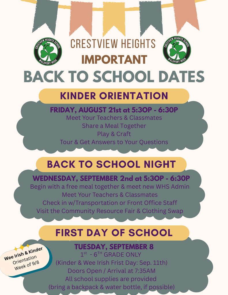 Kinder Orientation on August 21st at 5:30P; Back to School Night on September 2nd at 5:30P; First Day of School on September 8th at 7:35A.