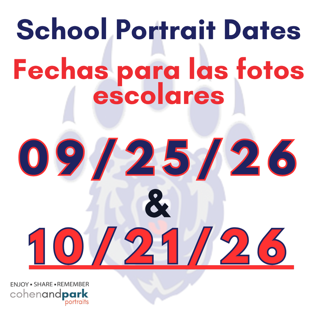 Bear face and paw print background, navy blue and red colored font announcing picture day 09/25 and 10/21
