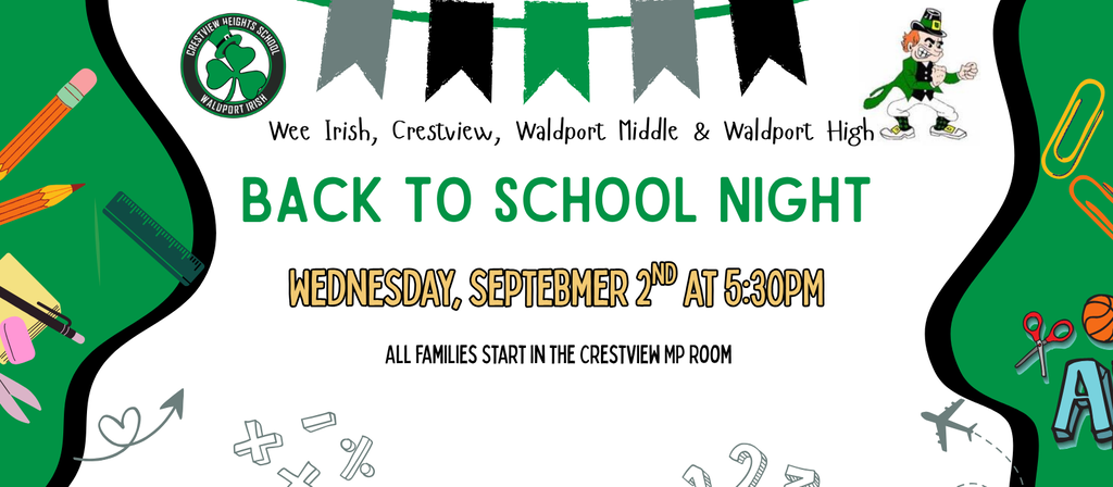 Green-and-white school flyer announces Back to School Night for WEC Irish, Crestview, Waldport Middle and High on Sept. 2 at 5:30 p.m.