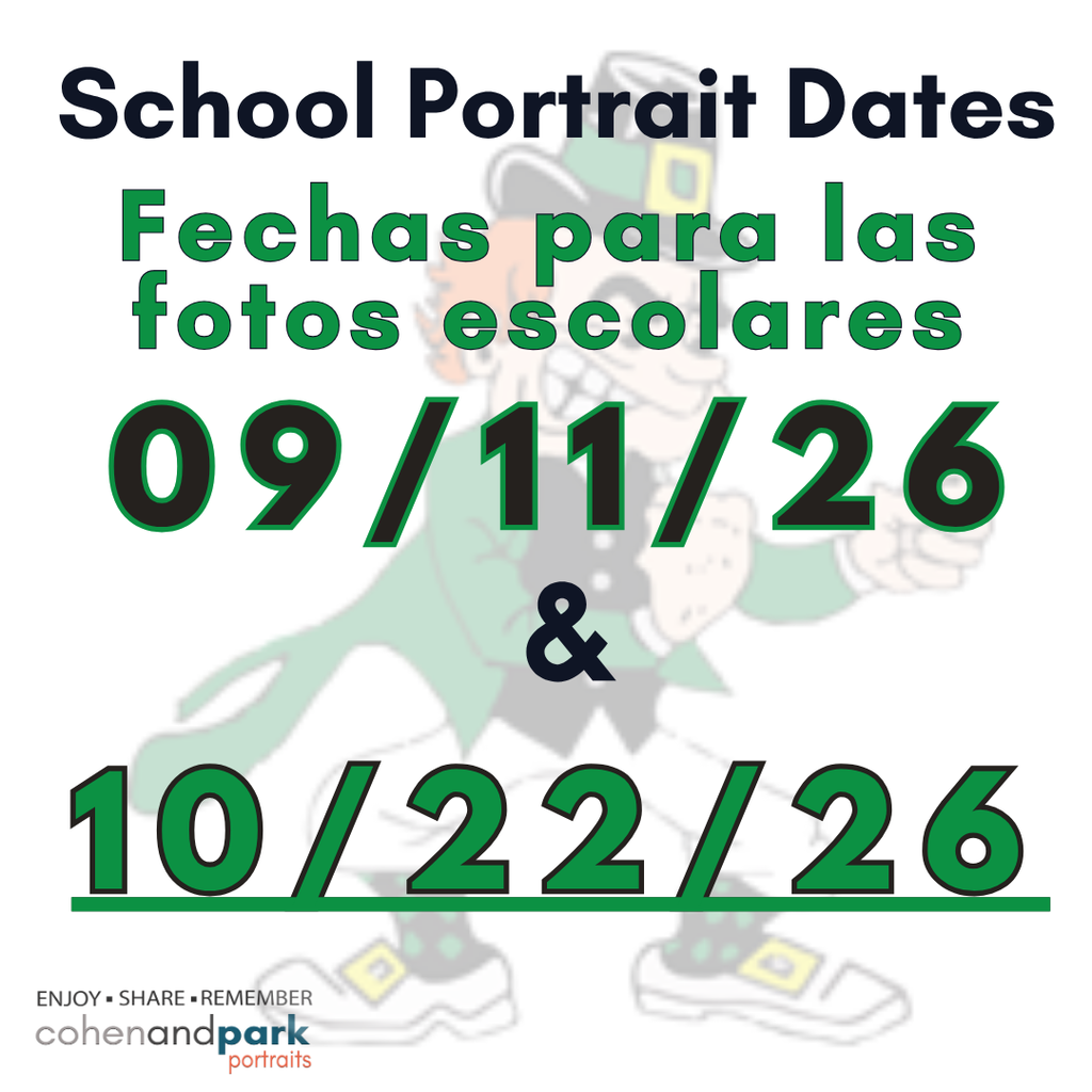 School portrait dates: September 11 and October 22, 2026. Bilingual English-Spanish announcement with green and black text.