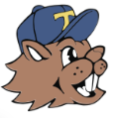 Cartoon picture of the Toledo Elementary Boomer mascot wearing a blue ball cap with a yellow T. 