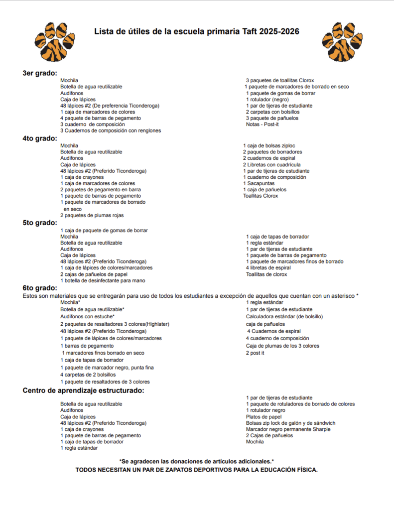 School Supply List 26 27 Spanish