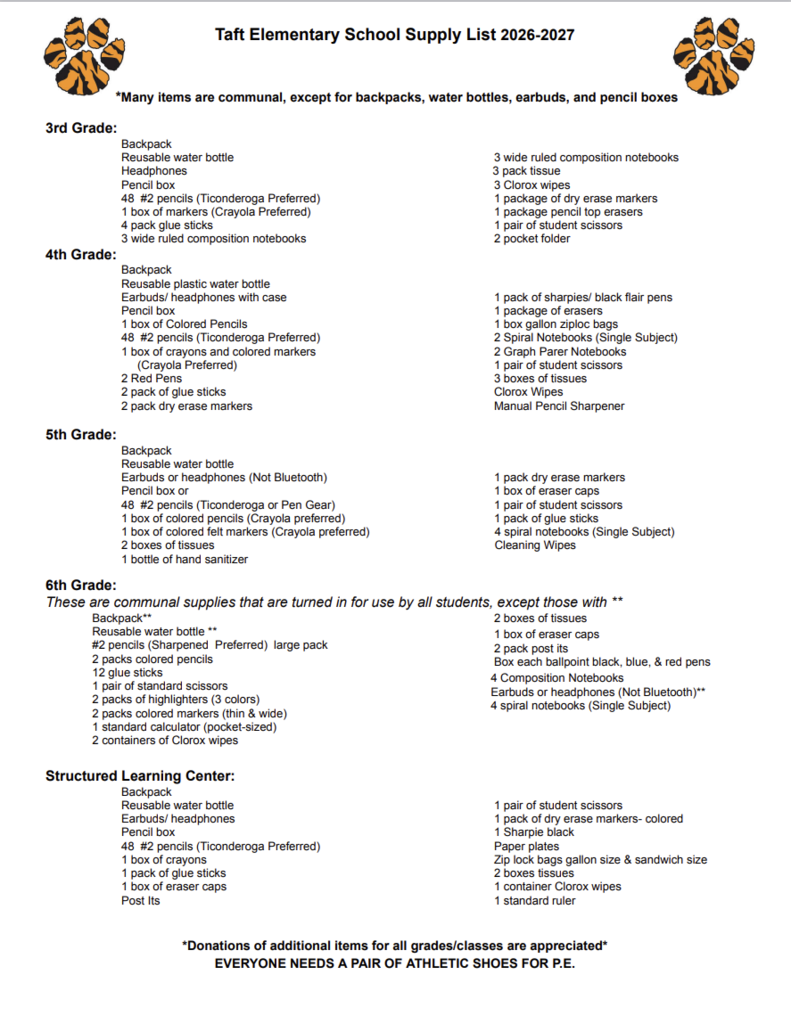 School Supply List 26 27 English