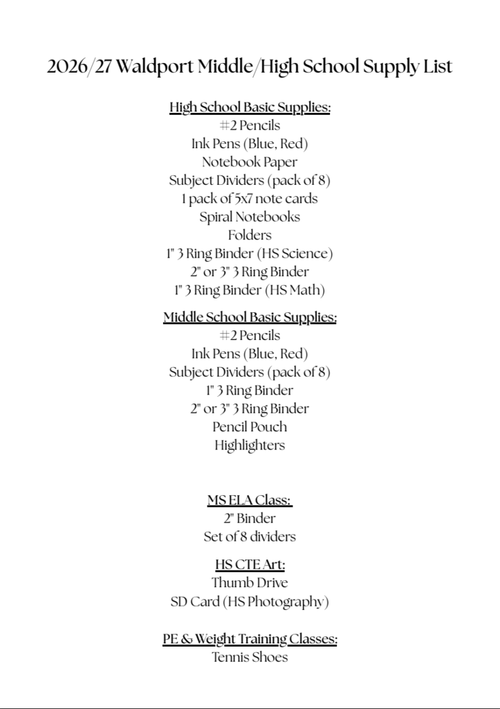 2026/27 Waldport Middle/High School supply list: pencils, pens, paper, dividers, binders, notebooks, folders, art supplies, and PE shoes.