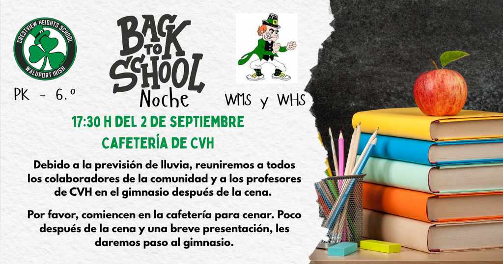 Back to School Night - September 2nd at 5:30P at Crestview