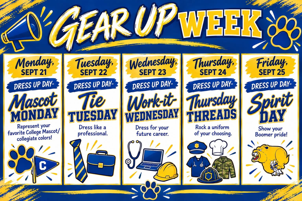 Blue and yellow promotional flyer for Gear up Week at Toledo Jr/Sr High. 5 panels for dress up days, Monday mascot day, Tuesday dress like a professional, Wednesday dress for your future career, Thursday dress in a uniform, Friday spirit day. 