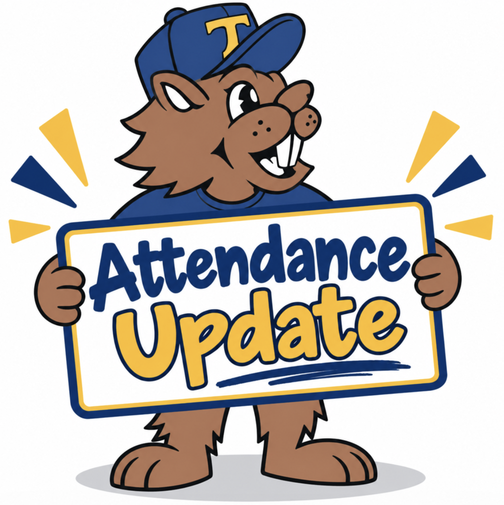 Boomer mascot holding a sign that says 'Attendance Update' in blue and yellow lettering