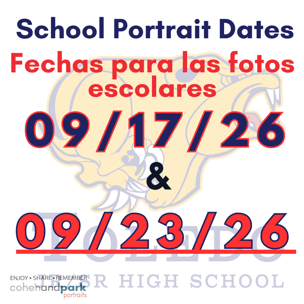 Toledo Jr/Sr High School flyer from Cohen and Park for make up picture day on 9/23/26