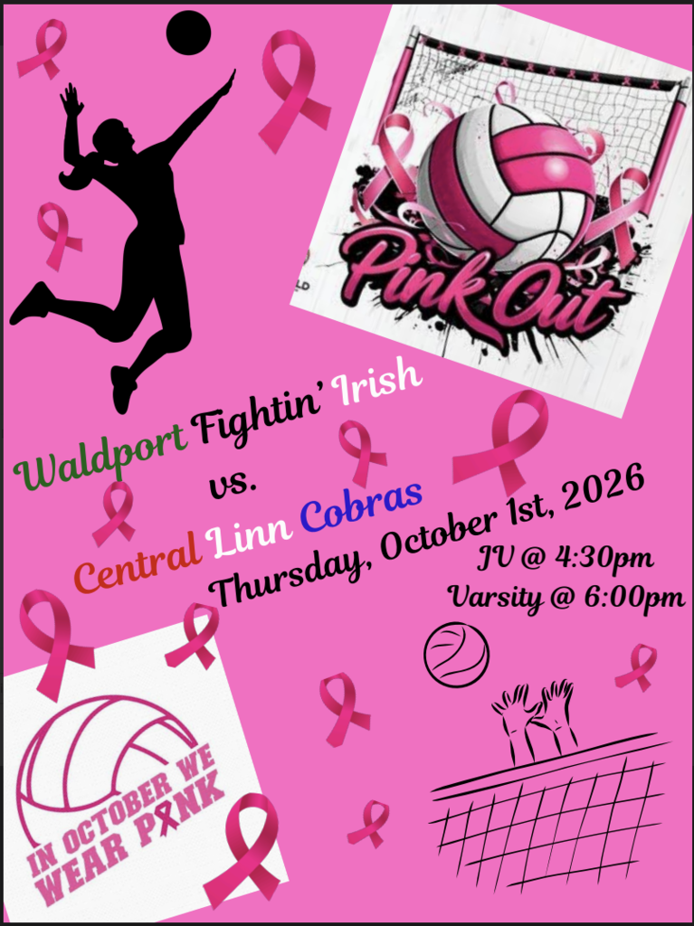 Bright pink-and-black Pink Out poster with a football helmet, ribbons, and sports graphics; announces Fighting Irish vs. Cobras games on October 1, 2026.