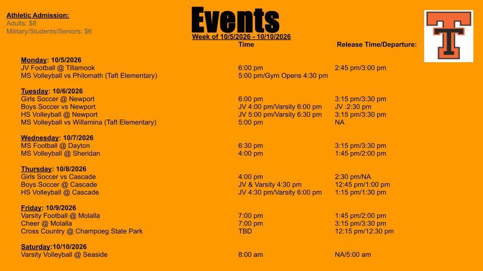 Athletic Events 10/5 - 10/10