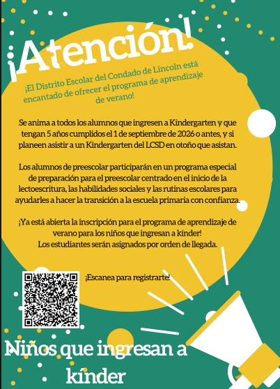 Attention! Flyer in green with a yellow circle and text describing how to register for summer school in Spanish