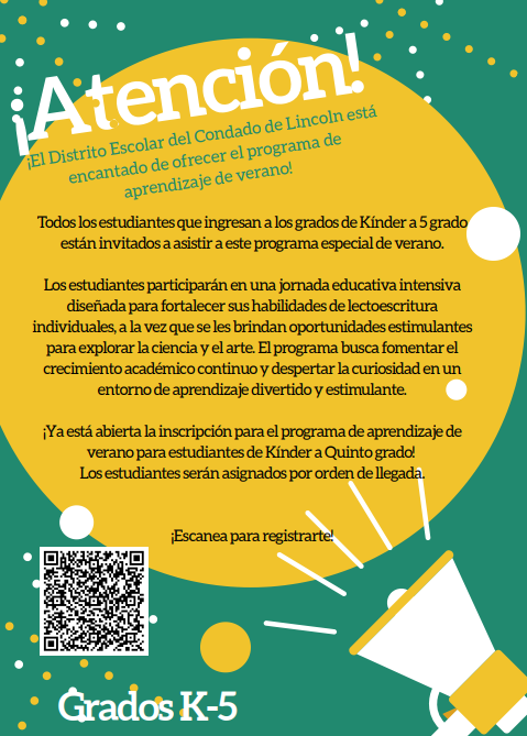 Green graphic with yellow circle announcing Summer learning registration