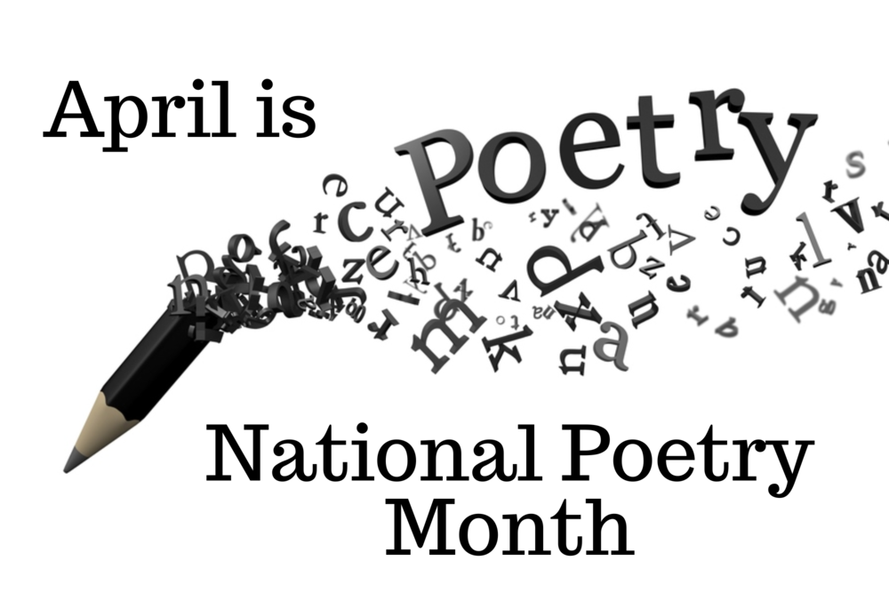 A creative graphic on a white background announces that "April is National Poetry Month." The design features a black pencil in the lower-left corner with a flurry of black letters and characters flowing out from its tip like smoke. The word "Poetry" is integrated into this swirling cloud of letters in a larger, bold font, while the rest of the text is written in a clean, black serif typeface above and below the illustration.