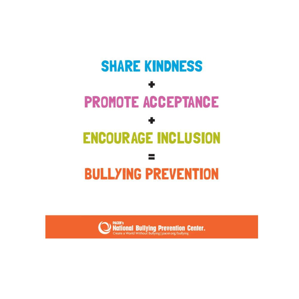 An educational graphic on a white background with colorful text arranged like a mathematical equation: "SHARE KINDNESS" (in blue) plus "+" "PROMOTE ACCEPTANCE" (in pink) plus "+" "ENCOURAGE INCLUSION" (in green) equals "=" "BULLYING PREVENTION" (in orange) At the bottom is an orange banner with the logo for PACER's National Bullying Prevention Center and the tagline "Create a World Without Bullying | pacer.org/bullying".