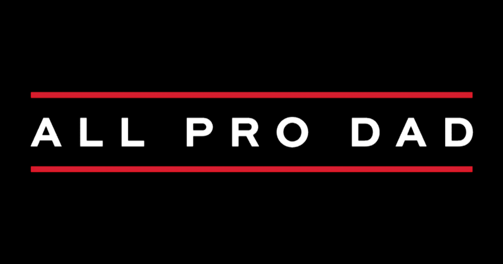 Official horizontal banner logo for All Pro Dad featuring white block text reading "ALL PRO DAD" in a single line, bounded above and below by solid red horizontal lines, centered on a dark gradient background.