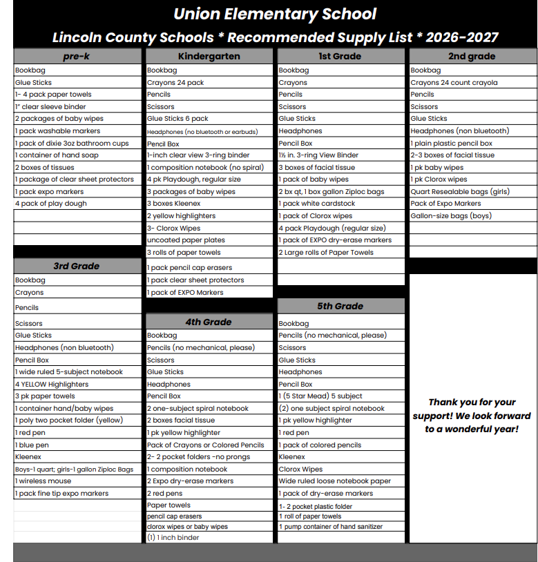 school suppl list for union 2026-2027 school years