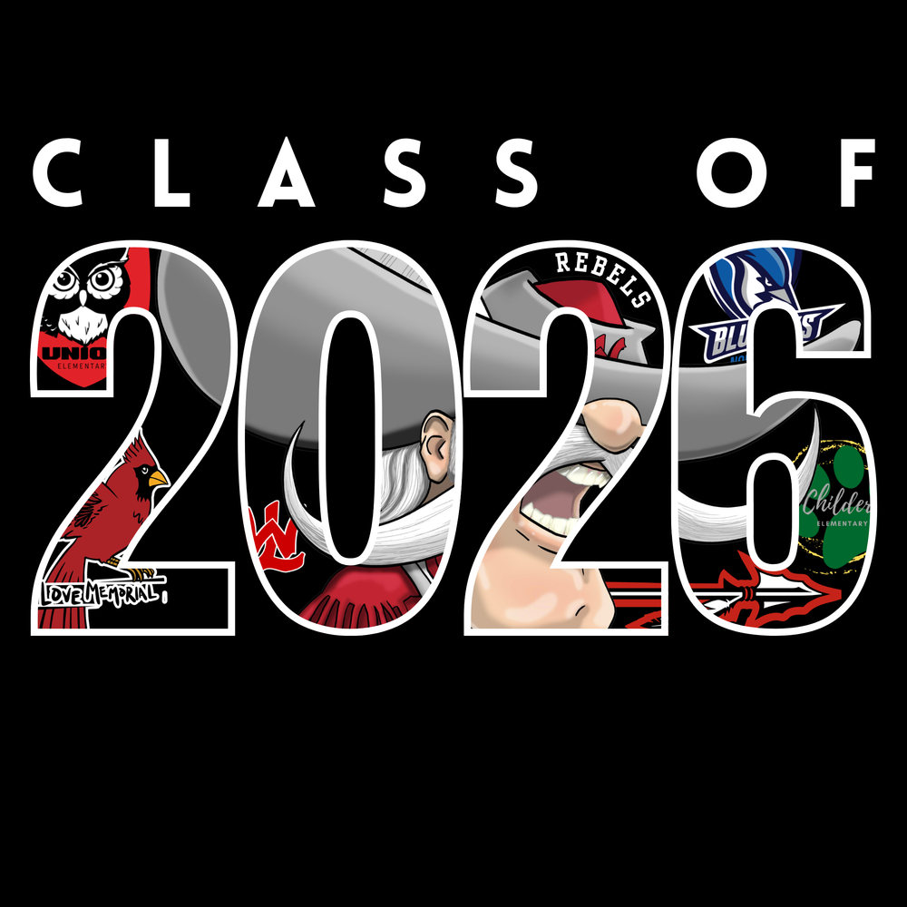 Please ensure all students pictured are FERPA compliant and have media release forms on file. Alt-Text: Graphic with a black background featuring the words CLASS OF in white sans-serif capital letters at the top. Below, the year 2026 is displayed in large, white-outlined block numbers. Each digit contains various school mascot logos and imagery: the number 2 includes a Great Horned Owl logo for Union Elementary and a Red Cardinal for Love Memorial; the 0 and the second 2 feature a stylized mascot with a gray hat, white beard, and the word REBELS; the number 6 includes a Blue Jay logo, a green paw print for Childers Elementary, and a red arrow icon.