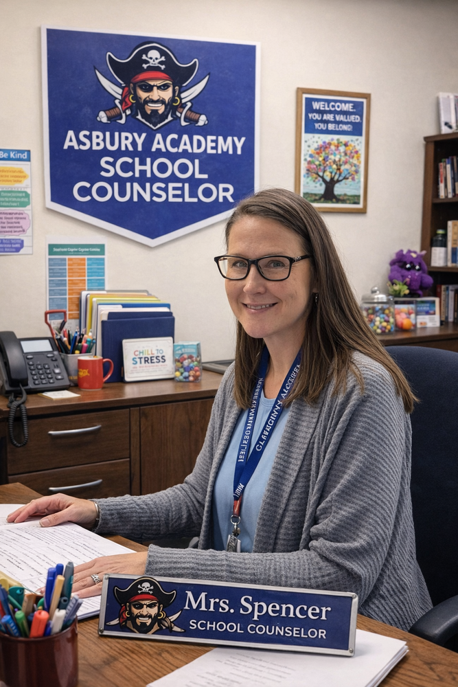 School counselor, Mrs. Spencer, working at her desk.