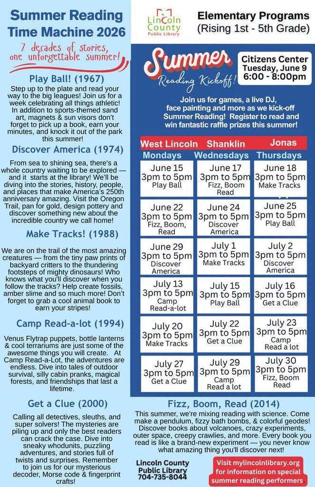 Lincoln County Public Library Summer Reading Time Machine 2026. 7 decades of stories, one unforgettable summer! Elementary Programs (Rising 1st through 5th Grade).  Summer Reading Kickoff! Citizens Center, Tuesday, June 9, 6:00 to 8:00pm. Join us for games, a live DJ, face painting and more as we kick-off Summer Reading! Register to read and win fantastic raffle prizes this summer!