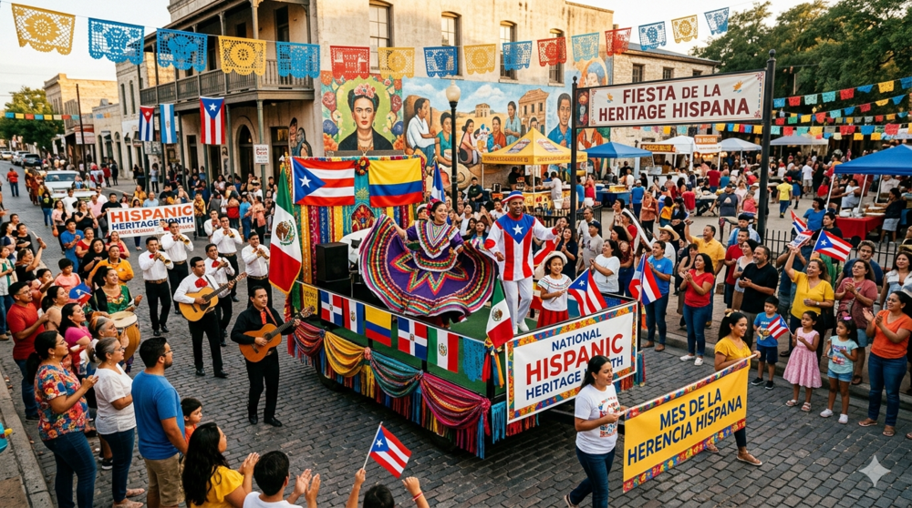 A lively Hispanic Heritage Month parade moving down a cobblestone street decorated with colorful papel picado banners and international flags. In the center, a parade float displays banners reading "National Hispanic Heritage Month" and "Mes de la Herencia Hispana," with performers in traditional folkloric dress and Puerto Rican flag attire. On the street, spectators wave flags, musicians play guitars, and two people carry a banner reading "Mes de la Herencia Hispana." A sign over the street reads "Fiesta de la Heritage Hispana."