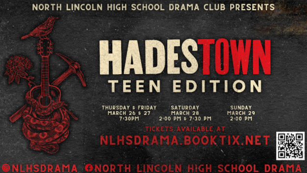 North Lincoln High School Drama Club presents Hadestown Teen Edition. The image features a dark, textured background with a red line-art illustration of a guitar, a bird perched on the headstock, a pickaxe, a flower, and a snake coiled around the body of the guitar. The show dates and times are: Thursday and Friday, March 26 and 27 at 7:30 PM; Saturday, March 28 at 2:00 PM and 7:30 PM; and Sunday, March 29 at 2:00 PM. Tickets are available at NLHSDRAMA.BOOKTIX.NET. A QR code is provided in the bottom right corner. Social media handles at the bottom include @nlhsdrama on Instagram and North Lincoln High School Drama on Facebook.