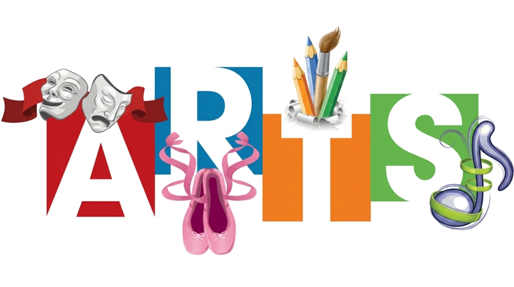 Please ensure all students pictured are FERPA compliant and have media release forms on file. Alt-Text: The word "ARTS" in large block letters, with each letter representing a different discipline: the letter A with drama masks, the letter R with pink ballet pointe shoes, the letter T with art supplies including pencils and a paintbrush, and the letter S with a music note.