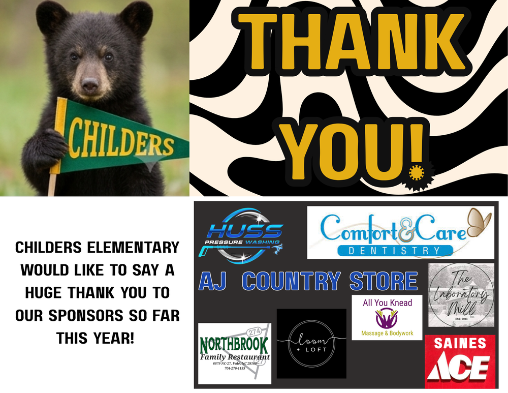 Graphic featuring a black bear cub holding a green and yellow pennant reading "CHILDERS" on the top left, alongside large yellow text reading "THANK YOU!" on a wavy black-and-white patterned background on the top right. Below on the left, text reads: "CHILDERS ELEMENTARY WOULD LIKE TO SAY A HUGE THANK YOU TO OUR SPONSORS SO FAR THIS YEAR!" On the bottom right, a black background displays nine sponsor logos: Huss Pressure Washing, Comfort & Care Dentistry, AJ Country Store, The Laboratory Mill Est. 2013, Northbrook Family Restaurant 6679 NC-27, Vale, NC 28168 704-276-1155, Loom + Loft, All You Knead Massage & Bodywork, and Saines Ace.