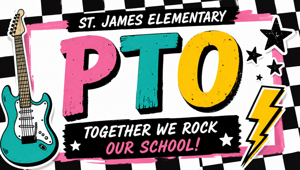 A bright “Join the PTO” banner with large pink, blue, and yellow letters. A yellow lightning bolt, blue guitar, black stars, and a black-and-white checkered pattern give the banner a fun rock-and-roll theme.