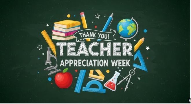 An illustration set against a dark green chalkboard background features the words "THANK YOU! TEACHER APPRECIATION WEEK" in bold, white, stylized lettering. The text is framed by a colorful collection of school-related icons, including a stack of books, a red apple, a globe, a microscope, and a chemistry beaker filled with red liquid. Various stationery items like a yellow ruler, pencils, a blue protractor, and a compass are scattered around the central message, accented by small hand-drawn stars and colorful dots, creating a vibrant and celebratory academic theme.