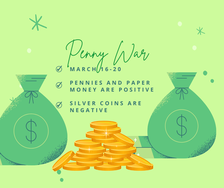 This graphic, titled "Penny War," announces a fundraising event taking place from March 16–20. The design features a light green background with illustrations of two large green money bags flanking a central stack of gold coins. A set of bulleted rules explains the scoring system: pennies and paper money add positive points to a team's total, while silver coins (such as nickels, dimes, and quarters) count as negative points, typically used to "sabotage" opposing teams.