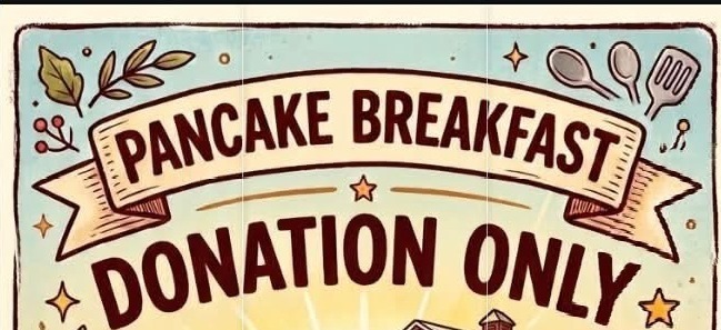 Alt-Text: A promotional flyer for a Pancake Breakfast benefiting West Lincoln High School FFA. The top banner reads "PANCAKE BREAKFAST" and "DONATION ONLY". The illustration features a stack of pancakes topped with butter, syrup, berries, alongside a mug of coffee, a glass of orange juice, and a rustic red barn in the background. An illustrated mascot of an older man wearing a cowboy hat and an FFA jacket stands next to the food. The text at the bottom reads: "OCT 17, 7-10AM, WEST LINCOLN HIGH SCHOOL CAFETERIA, SUPPORT WL FFA," accompanied by the WL school logo and the FFA emblem.