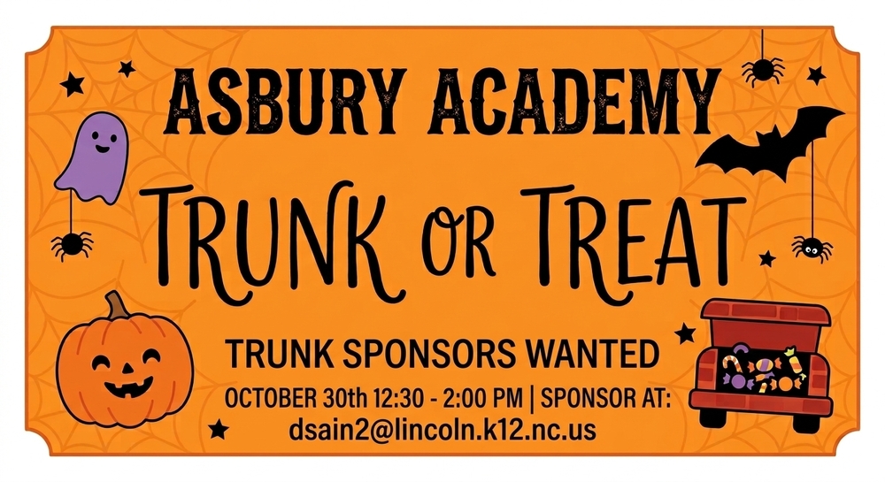 A halloween image advertising the need for trunk or treat sponsors at Asbury Academy