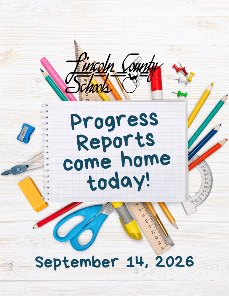 A white wooden background holds a bulletin of school supplies and papers. Text reads "Progress Reports come home today! September 14, 2026."