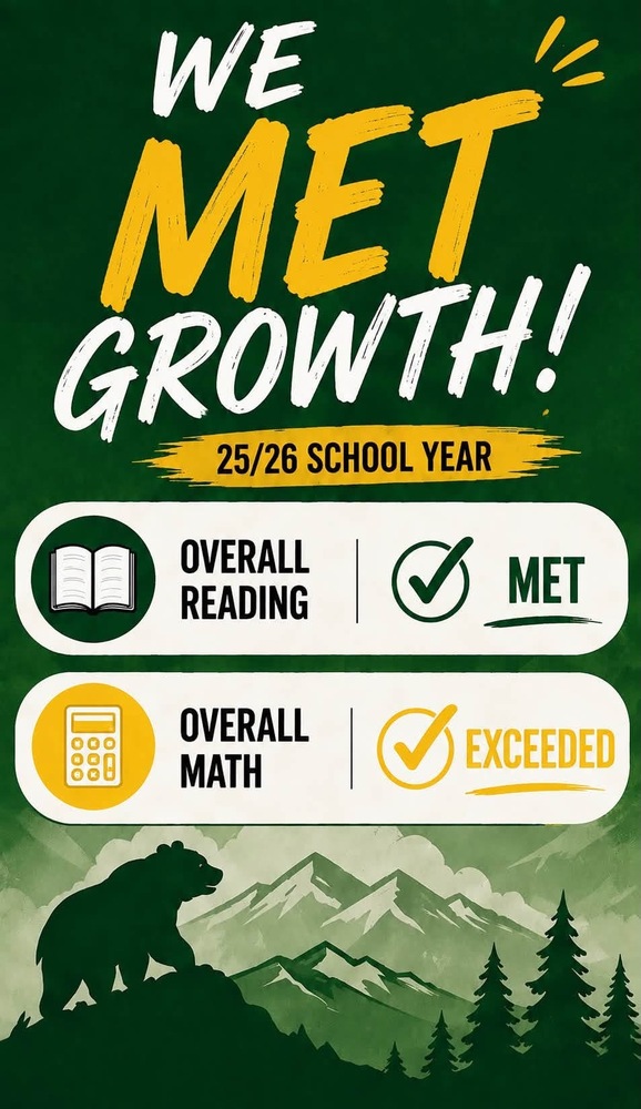 Flyer stating WE MET GROWTH! 25/6 SCHOOL YEAR. Overall Reading: Met (indicated by a book icon and a checkmark). Overall Math: Exceeded (indicated by a calculator icon and a checkmark). Below the text is a silhouette of a bear on a mountain ridge with pine trees.