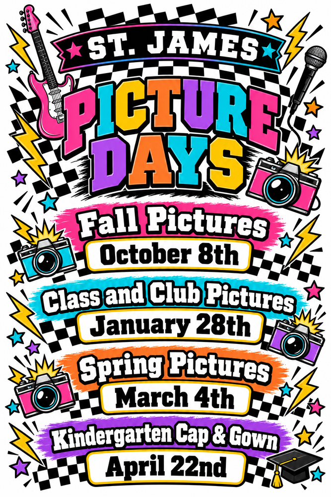 A bright, colorful school flyer says “Picture Day!” in large letters. A blue banner says, “Thursday, October 8th.” The flyer has a cartoon camera, two picture prints with smiling faces, colorful stars, and hearts. It also includes the phrases “Smile Big!” and “School Memories Last Forever!” At the bottom, colorful words say “Friends,” “Confidence,” and “Bright Futures.”