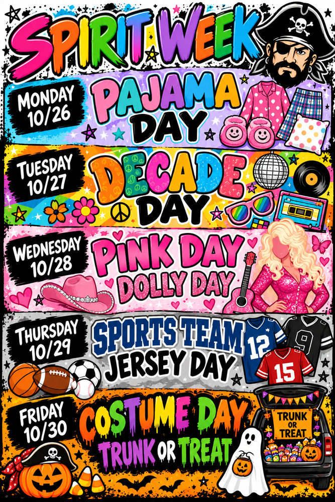Colorful flyer outlining the theme for each day of school spirit week