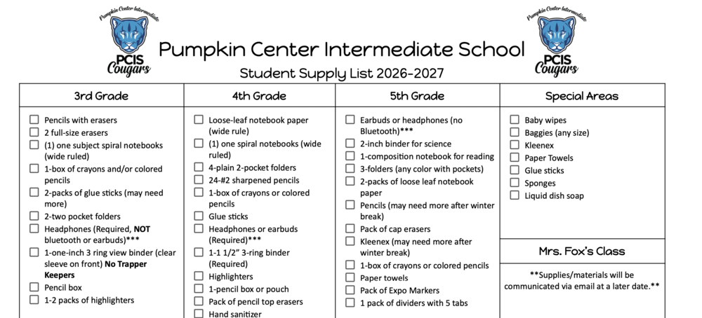 Pumpkin Center Intermediate School Supply List for each grade level