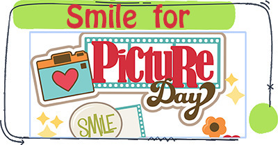 Graphic that reads "Smile for Picture Day" with a toy camera illustration and decorative film strip accents.