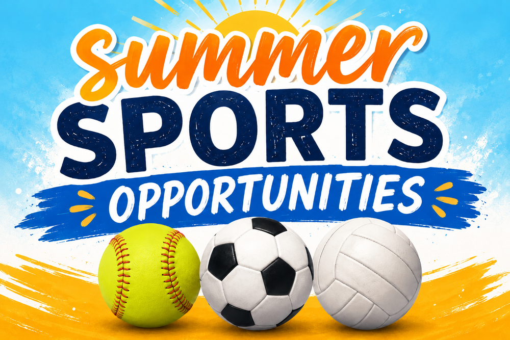 Image of softball, soccer ball, and volleyball on beach. Title says "summer sports opportunities"