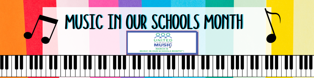 A horizontal banner for Music In Our Schools Month. The background features a vibrant array of vertical stripes in orange, pink, purple, light blue, green, and yellow. A wide white rectangular overlay in the center contains the main text. At the bottom of the banner is a full-width illustration of a piano keyboard. Two black musical notes (quavers) flank the main text. In the center, below the main title, is a logo featuring three stylized figures above the words UNITED THROUGH MUSIC. Below the logo, smaller text reads: MARCH IS MUSIC IN OUR SCHOOLS MONTH. The primary text in the center reads: MUSIC IN OUR SCHOOLS MONTH.