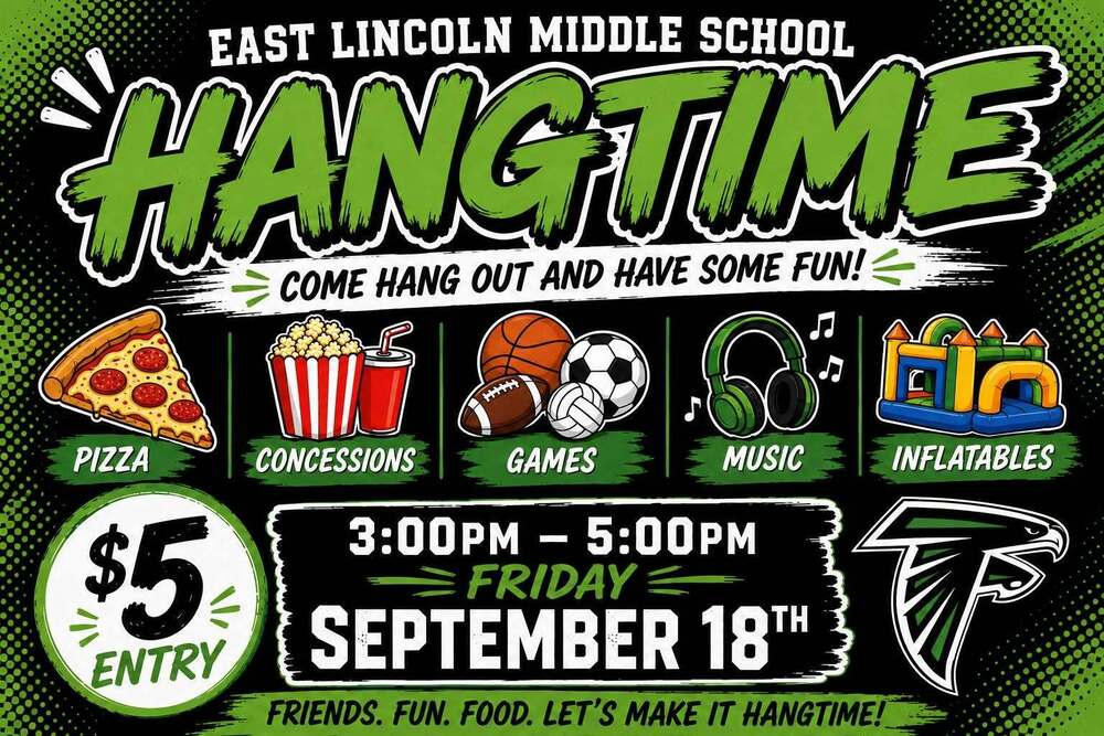 Promotional flyer for East Lincoln Middle School's "Hangtime" event on Friday, September 18th, from 3:00 PM to 5:00 PM. $5 entry includes pizza, concessions, games, music, and inflatables.