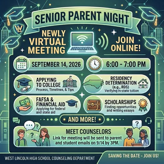 Flyer for Senior Parent Night Newly Virtual Meeting. Join online! Date: September 14, 2026. Time: 6:00 - 7:00 PM. Topics include: Applying to College (Process, Timelines, & Tips); Residency Determination (e.g., RDS) (Verifying in-state tuition); FAFSA & Financial Aid (Applying for federal and state aid); Scholarships (Finding opportunities and writing essays); AND MORE! Meet Counselors. Link for meeting will be sent to parent and student emails on 9/14 by 3PM. Graphic features West Lincoln High School crest, illustrations of a laptop with Wi-Fi signal, calendar, clock, graduation caps, college building, map of North Carolina, house, money, treasure chest, award ribbon, and illustrated counselors talking with students. Bottom text reads: West Lincoln High School Counseling Department. Save the Date - Join Us!