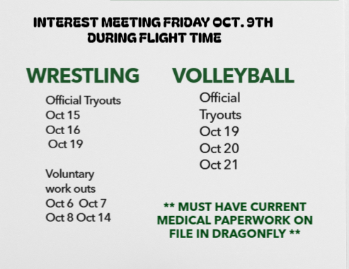 Fly informational graphic for Wrestling and Volleyball tryouts. Top text: Interest meeting Friday, Oct. 9th during Flight Time. Wrestling official tryouts: Oct 15, Oct 16, Oct 19. Wrestling voluntary workouts: Oct 6, Oct 7, Oct 8, Oct 14. Volleyball official tryouts: Oct 19, Oct 20, Oct 21. Bottom note: Must have current medical paperwork on file in DragonFly.