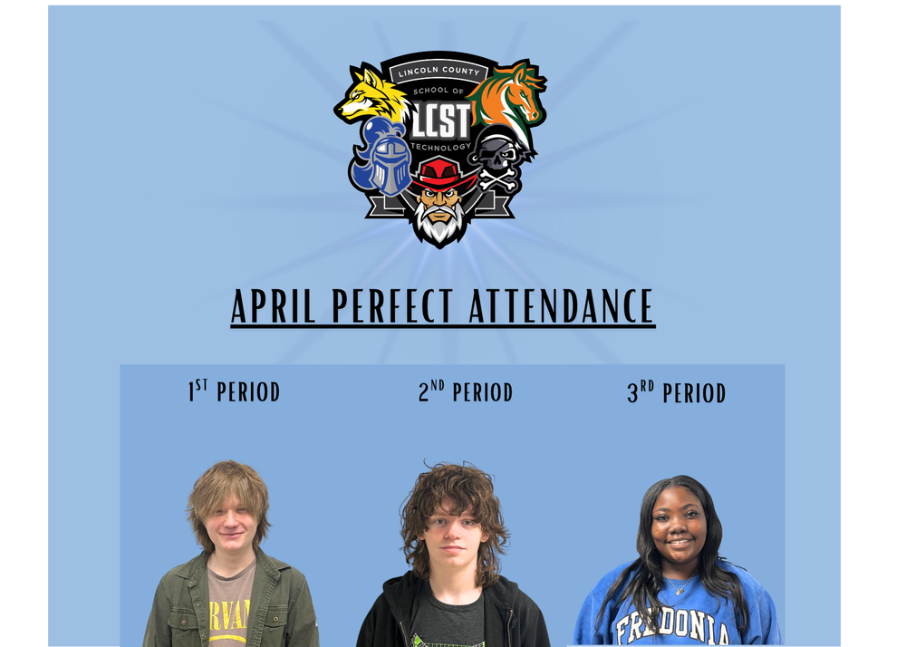 Three LCST students who acheived perfect attendance for April.
