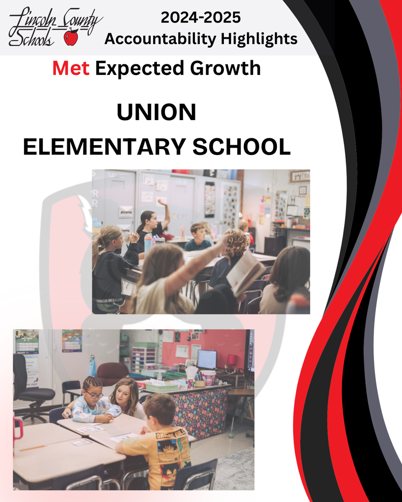 “Lincoln County Schools 2024–2025 Accountability Highlights. Met Expected Growth – Union Elementary School. Two classroom photos: one of students raising their hands during a lesson, and another of a teacher working one-on-one with students at their desks.”