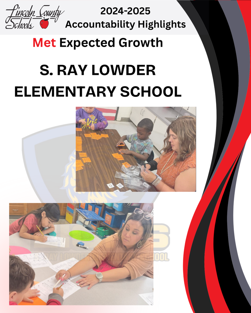 “Lincoln County Schools 2024–2025 Accountability Highlights. Met Expected Growth – S. Ray Lowder Elementary School. Two classroom photos: one with a teacher guiding students through a card activity at a table, and another with a teacher helping students complete worksheets.”