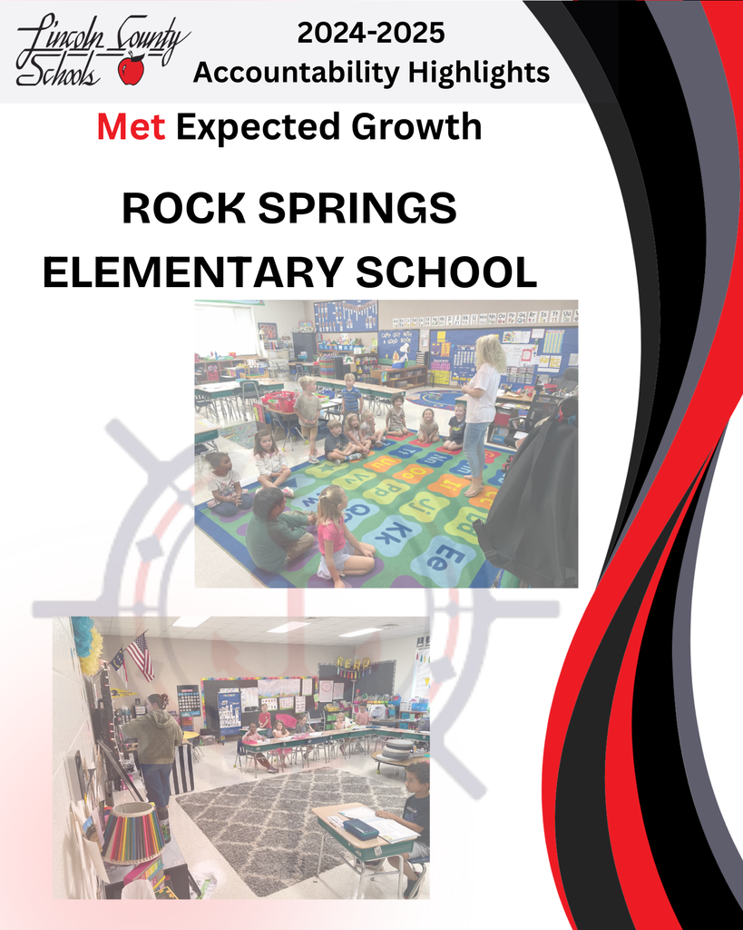 “Lincoln County Schools 2024–2025 Accountability Highlights. Met Expected Growth – Rock Springs Elementary School. Two classroom photos: one shows a teacher leading a lesson with students seated on an alphabet carpet, and another shows a teacher at the board with students seated at desks in a colorful classroom.”
