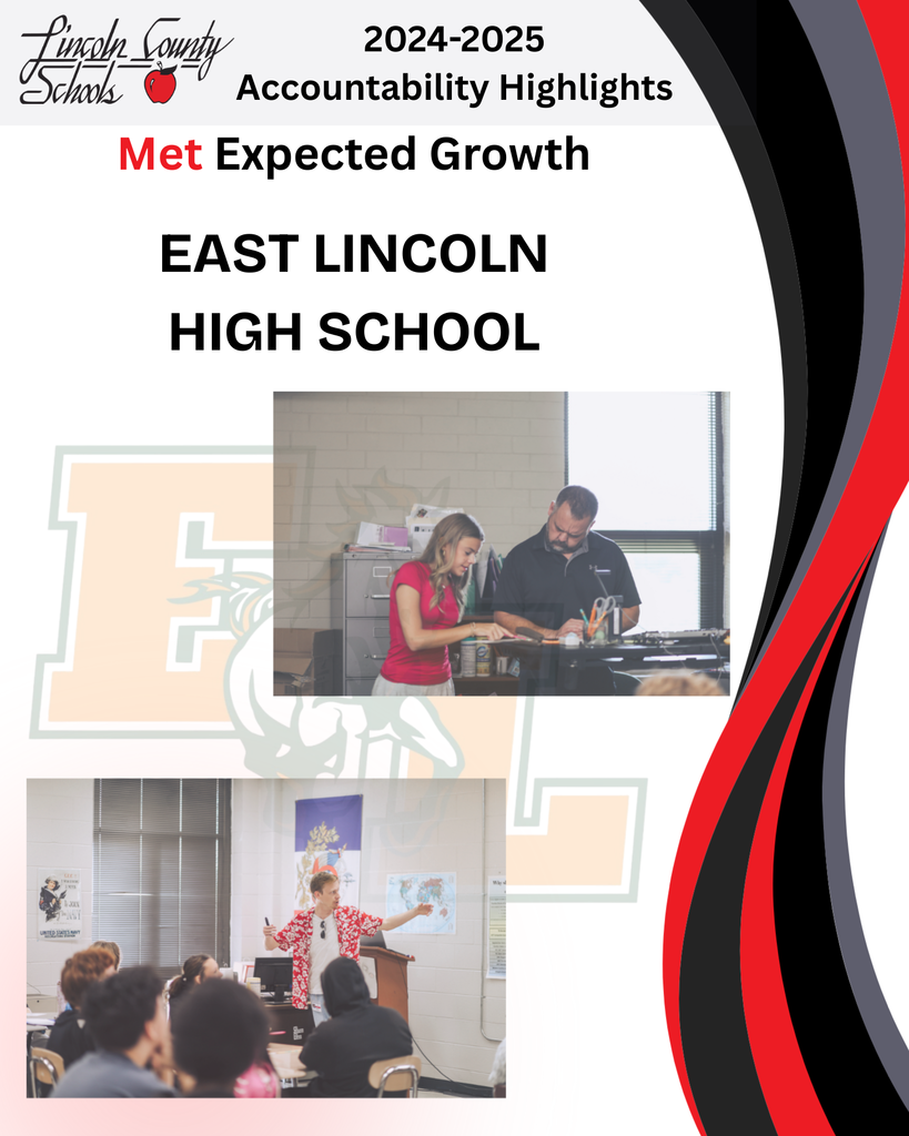 “Lincoln County Schools 2024–2025 Accountability Highlights. Met Expected Growth – East Lincoln High School. Two classroom photos: one shows a teacher and student working together at a desk, and another shows a teacher standing at the front of a classroom presenting to students.”