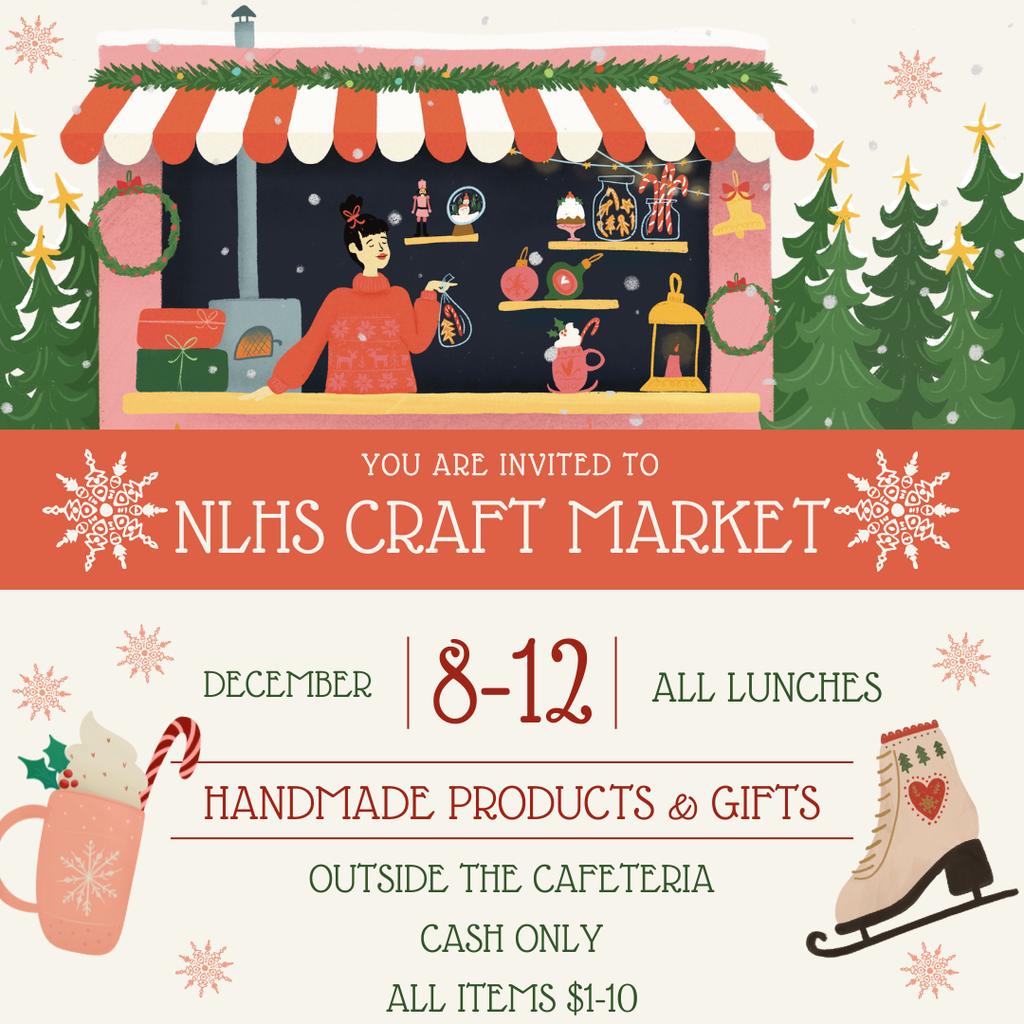 Poster of winter themed art promoting the craft market dates. 